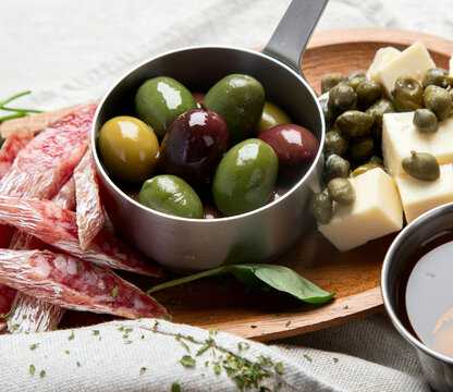 Italian cuisine. Pasta, pizza, olives and antipasto toasts.