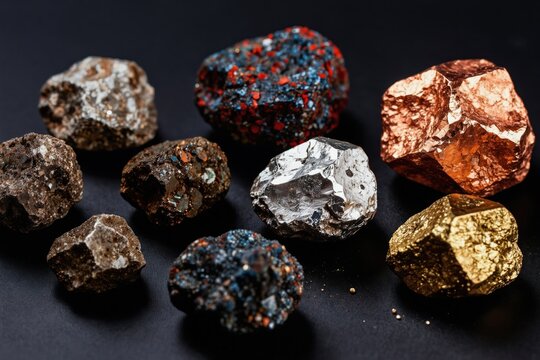 Assorted raw metal ores and refined metal pieces. Different mineral chunks, metallic rocks, and shiny mineral samples presented on dark surface. Natural resource elements.