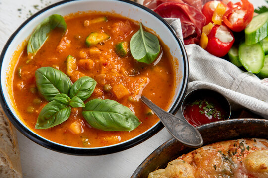 Italian cuisine. Pasta, pizza, olives and antipasto toasts.