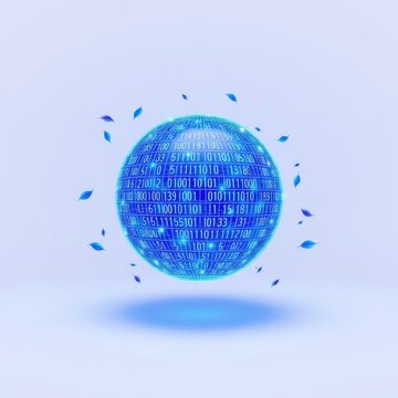 Blue sphere covered with binary code. Floating leaves surround it. Digital world concept, data streams, technology illustration.