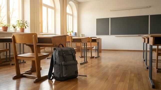 Empty classroom with wooden desks, chairs, and a backpack in the foreground, bathed in sunlight.