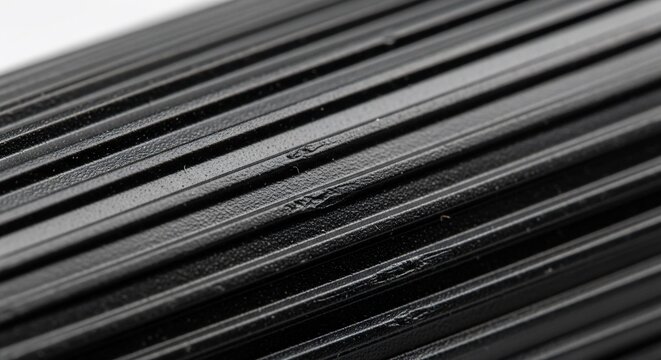 Abstract macro close up of parallel black plastic ridges and grooves.