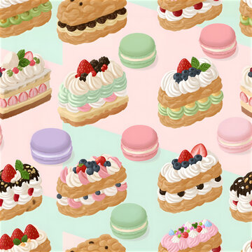 Seamless pattern of french eclairs and colorful macarons on pastel background with confectionery seamless strawberry blueberry background colorful illustration delicious culinary wallpaper