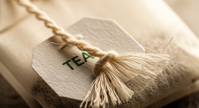 Close up view of a handcrafted tea bag with a tag attached by string.
