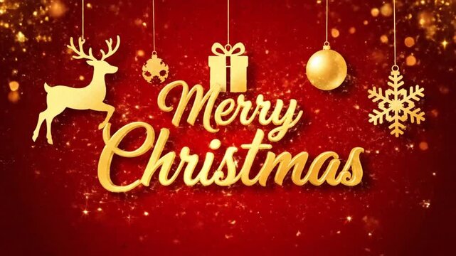 Hanging gold ornaments and Merry Christmas text on a red textured backdrop as a perfect festive video card