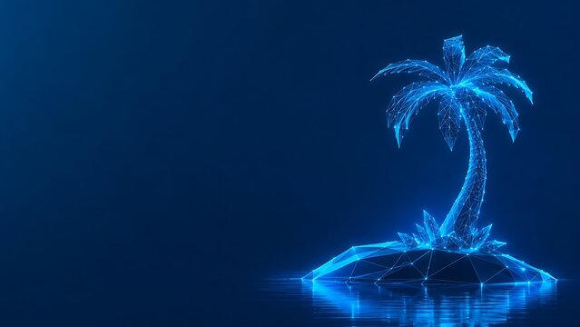 Low poly wireframe art of a tropical palm tree on a small island. low poly summer travel & vacation with tropical paradise wireframe polygonal. low poly summer travel & vacation
