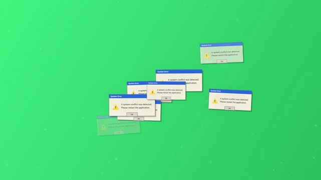 Multiple classic computer system error pop up windows cascading and multiplying on a green gradient background in a seamless loop animation.