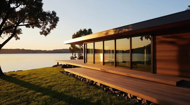 Modern wood house by calm lake at sunrise. Large glass windows reflect warm sun. Wooden deck offers serene water view. Peaceful morning at lakeside property.