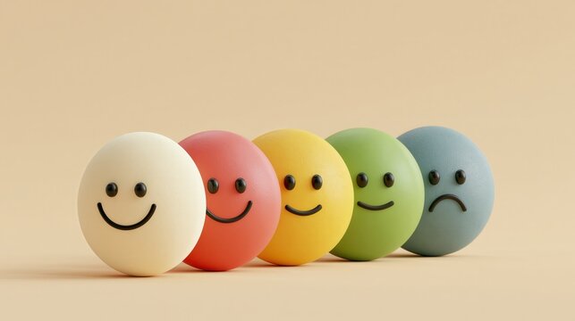 Spheres with different expressions represent the range of human emotions and customer service experiences.