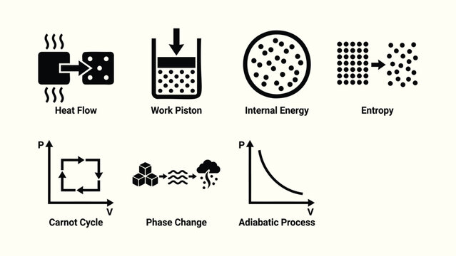 Flat solid thermodynamics and physics science vector icon set collection
