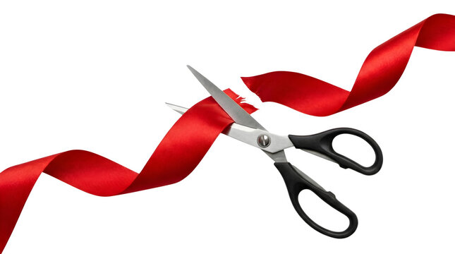 Scissors cutting through red ribbon on transparent background ceremonially