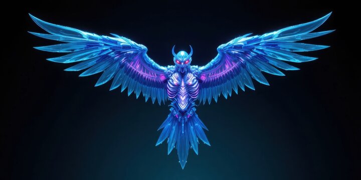 Futuristic robotic eagle with outspread wings glowing in neon blue and purple crystal textures against a dark backdrop