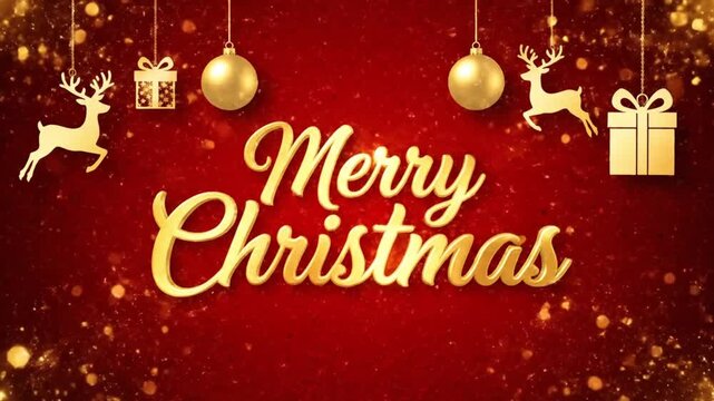 Hanging gold ornaments with Merry Christmas script text on a red background as a perfect holiday video loop