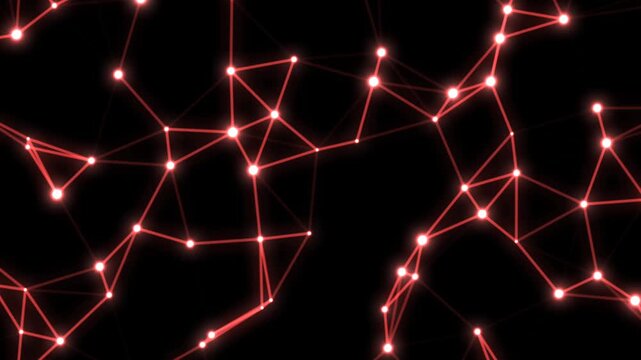 Abstract Red Plexus Network Connection Loop - Glowing Data Nodes Background. digital interface displays organoid growth monitoring as red nodes interconnect across a dark background