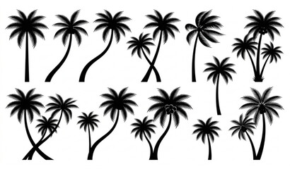 Coconut Palm Tree Silhouette Set Featuring Tropical Island Landscape Elements © MstNadiya
