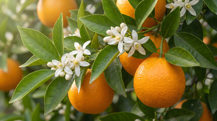 Naklejka premium Close-up of Fresh Ripe Oranges and Delicate White Orange Blossom Flowers on a Green Tree Branch.