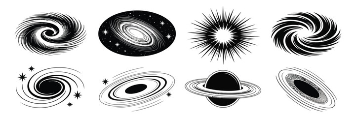 Spiral Galaxy Black Hole Icon Featuring Monochrome Vector Illustration for Space Exploration, Astronomy, and Universe Concepts © RIFAT01