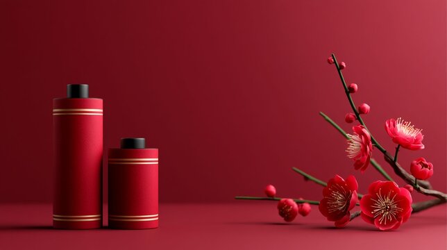 Red Festive Cylinders and Plum Blossom Branch on Red Background for Lunar New Year Celebration