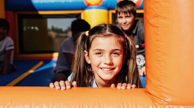 Children play energetically in a bright inflatable bounce house on a sunny summer day. Diverse kids laugh and have fun jumping together, enjoying carefree outdoor recreation and party entertainment.