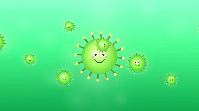 Cute green virus cartoon characters with smiling faces floating smoothly on a gradient green background in a seamless loop animation.