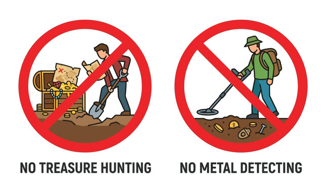 Prohibited signs depicting no treasure hunting and no metal detecting activities