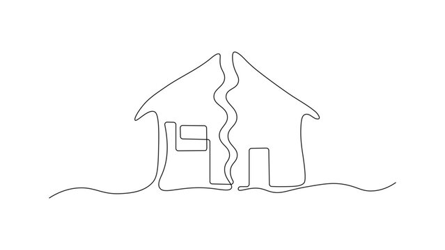 Minimalist continuous line drawing of a house split in two halves by a wavy line, window and door visible, divorce concept, property division, separation agreement