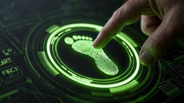 Finger touches a glowing digital interface that highlights a carbon footprint for environmental analysis.
