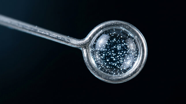 Inoculating loop holding microbial liquid sample in science lab
