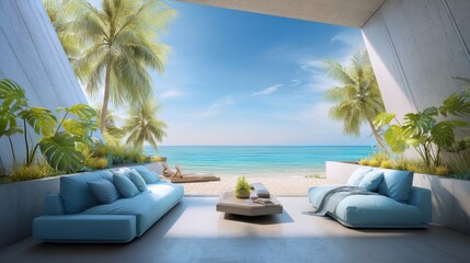 Obraz premium Luxury beachfront villa terrace with ocean view, palm trees, and modern furniture