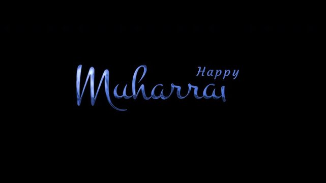 Blue metallic cursive text happy muharram on black background. Festive holiday typography suitable for greeting cards, posters, social media.