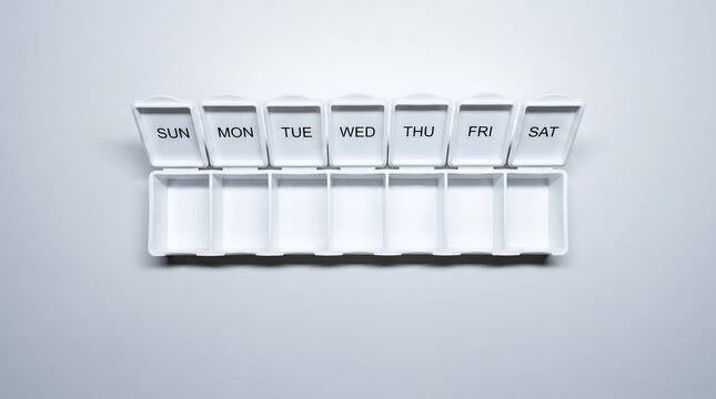 White plastic pill organizer with weekly day labels for medicine management on clean neutral background.