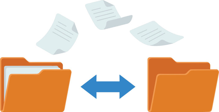 Data migration and file transfer concept flat vector illustration showing document backup or synchronization between two storage folders