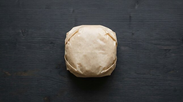 Burger Wrapped in Brown Paper on Dark Wood Background