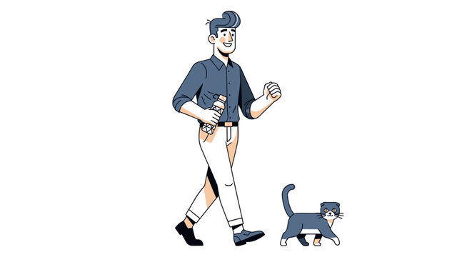 Cartoon man walking with a small robot cat.