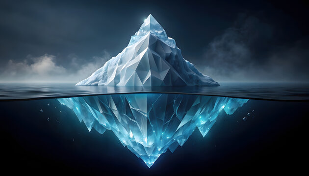 Luxury conceptual iceberg art shows fragile surface and powerful hidden depth with cinematic lighting
