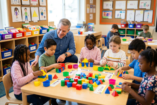 Elementary teacher guiding diverse students in hands-on math activity with colorful geometric shapes, encouraging collaboration, problem solving, STEM learning, and skill development.