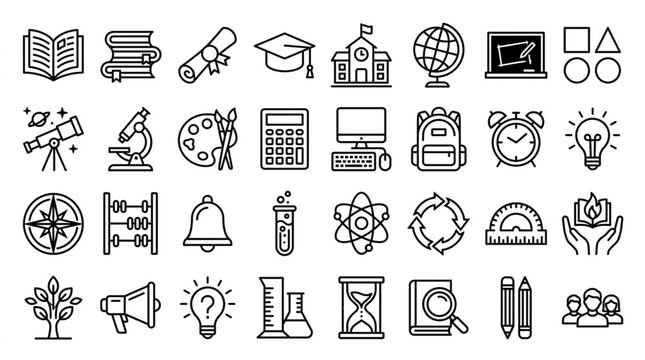 Collection of educational and scientific icons in a grid layout.