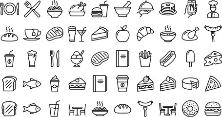 Naklejka premium Food and Restaurant Editable Outline Icon Set Featuring Dining Beverages Desserts Fast Food and Culinary Symbols