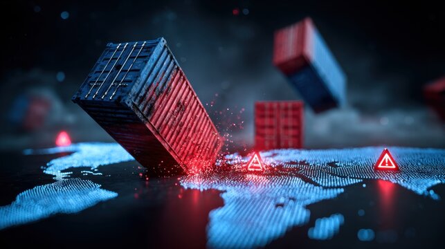Disrupted Global Shipping Logistics: Falling Cargo Containers Symbolizing Supply Chain Crisis and Economic Downturn