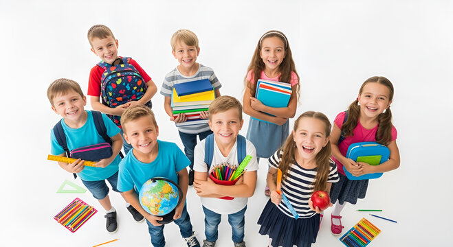 Diverse group of smiling primary school students holding and reading open books together against a white background.
