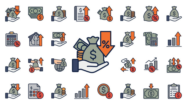 Vector Icons Business and finance icon set representing inflation interest rates and money management. EPS Editable