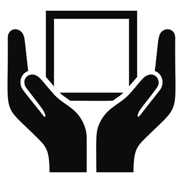Black icon of two hands holding a square box package on a white background