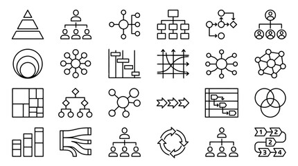 Fototapeta premium Vector Icons Business diagram and flowchart line icons set representing organizational structure and data visualization. EPS Editable