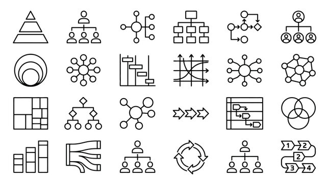 Vector Icons Business diagram and flowchart line icons set representing organizational structure and data visualization. EPS Editable