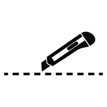 Utility knife icon cutting along a dashed line on a white background