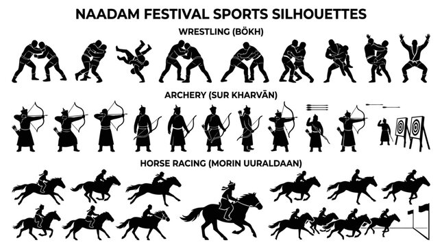 Naadam Festival athletes compete in traditional sports silhouettes