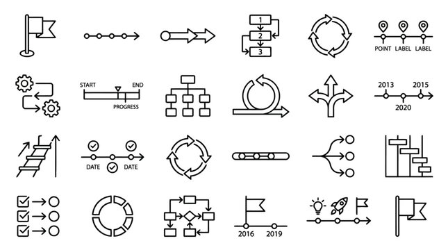 Vector Icons Business workflow and process timeline line icons set. EPS Editable