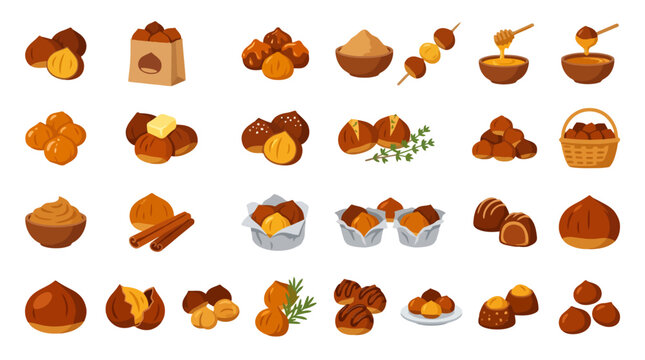 Vector Icons Chestnut vector illustration set with roasted nuts flour honey and basket icons. EPS Editable