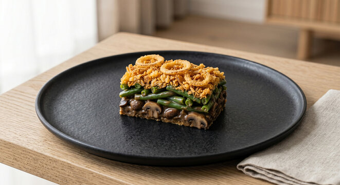 A minimalist presentation of a small, precise rectangle of green bean casserole centered on a matte black ceramic platter. 