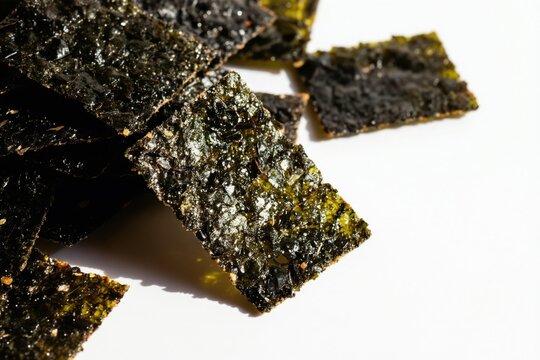 Crispy roasted seaweed chips on white surface. Nori sheets baked with salt oil. Healthy snack food, savory, crunchy bite. Popular Asian cuisine.